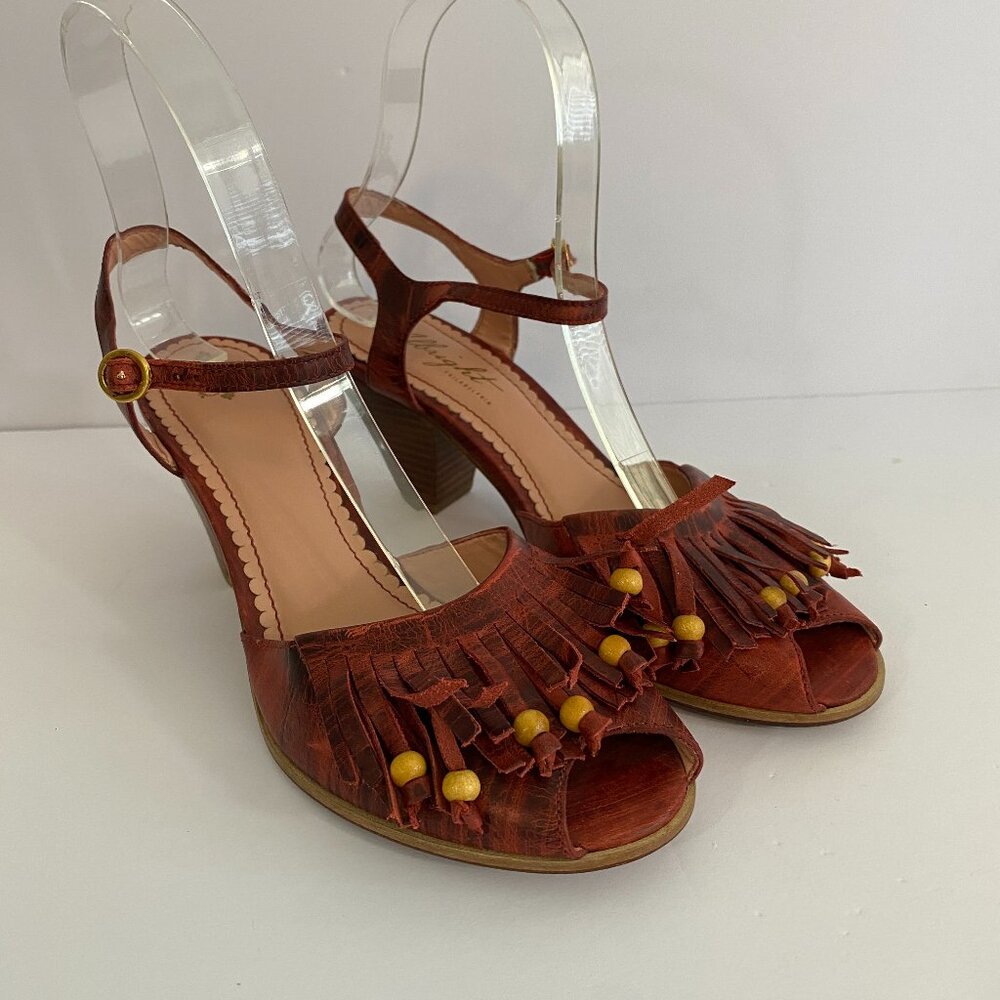 Miss Albright Coco Red Fringe Beaded Peep Toe Heeled Sandals Womens 6